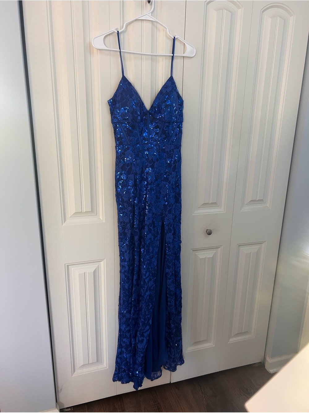 Blondie Nites Royal Blue Sequin Spaghetti Strap Gown